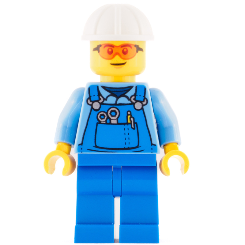 Travailleur - torse bleu moyen, ensemble bleu, lunettes orange, casque blanc (Worker - Medium Blue Torso, Blue Overall, Orange Glasses, White Helmet)