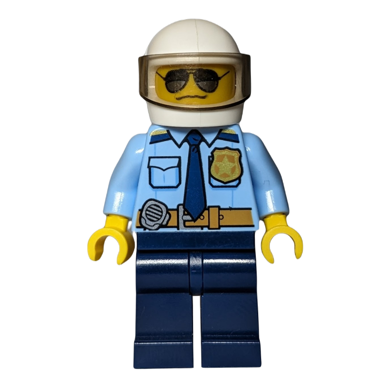 Police - chemise bleu clair vif, jambes bleu foncé, casque blanc (Police - Bright Light Blue Shirt, Dark Blue Legs, White Helmet)