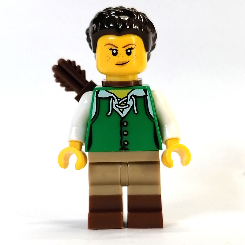 Femme - tunique verte, jambes beige foncé et brun rougeâtre, cheveux brun foncé, carquois (Woman - Green Tunic, Dark Tan/Reddish Brown Legs, Dark Brown Hair, Quiver)