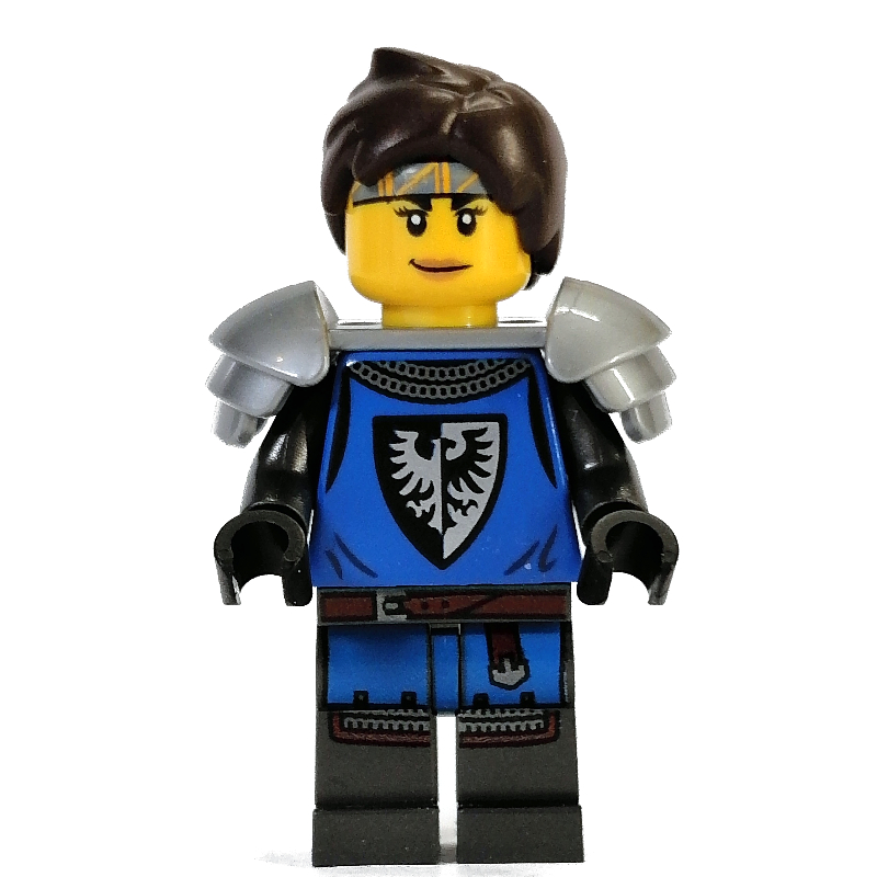 Faucon noir chevalier, femelle - torse bleu, perle jambes gris foncé, cheveux brun foncé, épaulette argent plat (Black Falcon Knight, Female - Blue Torso, Pearl Dark Gray Legs, Dark Brown Hair, Flat Silver Shoulderguard)