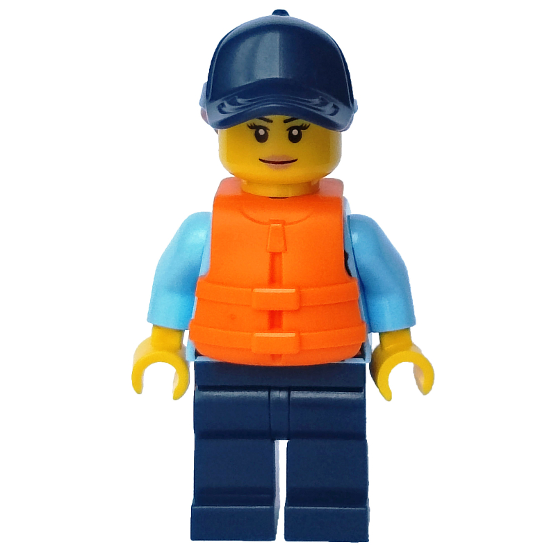 Policière, chemise bleu clair vif avec radio et badge, jambes bleu foncé, casquette bleu foncé avec cheveux, gilet de sauvetage orange (Policewoman, Bright Light Blue Shirt with Radio and Badge, Dark Blue Legs, Dark Blue Cap with Hair, Orange Life Jacket)