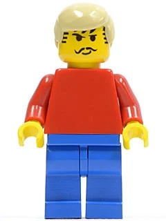 Homme, torse rouge, jambes bleues, cheveux beiges, moustache (Man, Red Torso, Blue Legs, Tan Hair, Moustache)