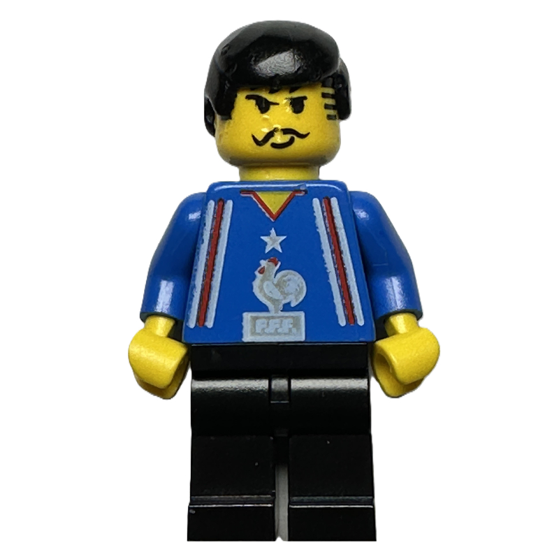 Joueur de football, maillot de l'équipe de France, cheveux noirs, moustache (Soccer Player, French Team Jersey, Black Hair, Moustache)