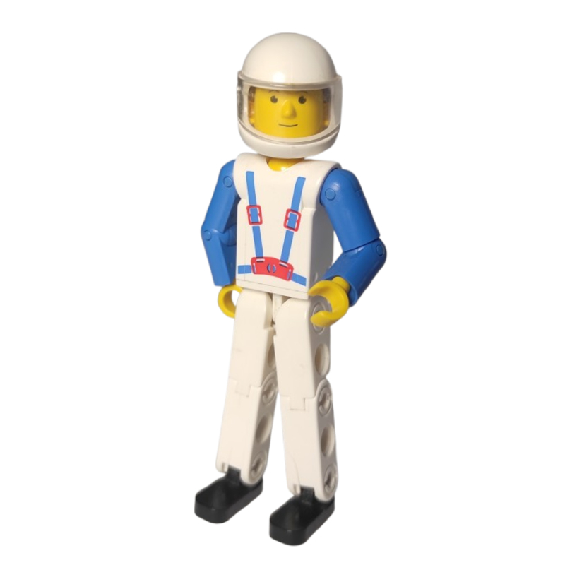 Figurine Technic jambes blanches, haut blanc avec bretelles bleues motif imprimé, bras bleus, casque blanc (Technic Figure White Legs, White Top with Blue Braces Print, Blue Arms, White Helmet)