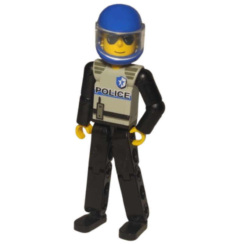 Figurine Technic jambes noires, haut gris clair avec motif imprimé police, bras noirs, casque bleu (Technic Figure Black Legs, Light Gray Top with Police Print, Black Arms, Blue Helmet)