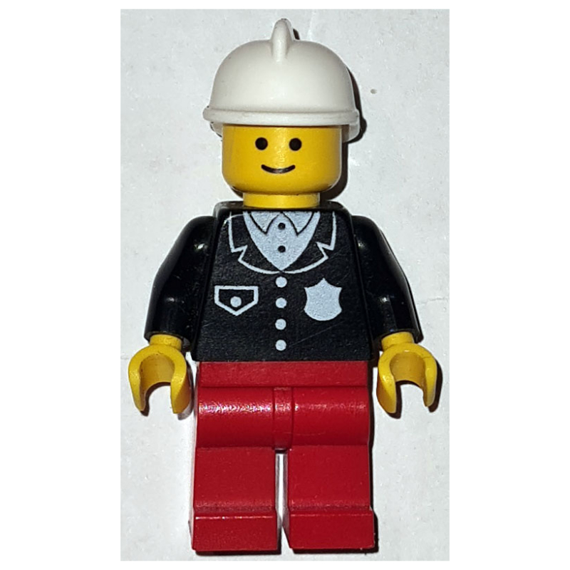 Police - torse noir, jambes rouges, casque de feu blanc (Police - Black Torso, Red Legs, White Fire Helmet)