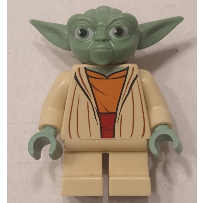 Yoda, tête vert sable avec cheveux blancs, maillot de corps orange foncé (Yoda, Sand Green Head with White Hair, Dark Orange Undershirt)
