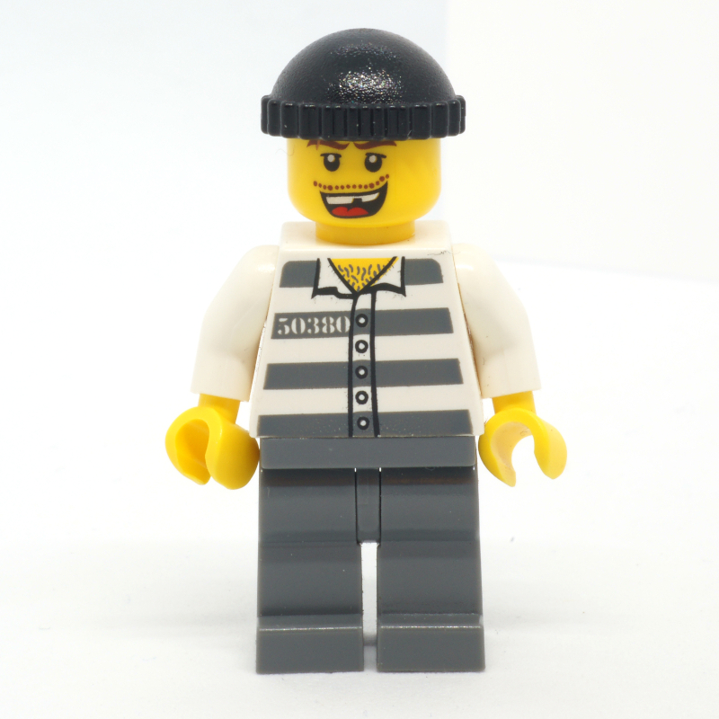 Bandit, chemise de prison avec # 50380, jambes gris bleuté foncé, chapeau noir, dent manquante (Criminal, Prison Shirt with #50380, Dark Bluish Gray Legs, Black Hat, Missing Tooth)