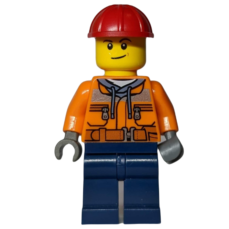Travailleur - torse orange, jambes bleu foncé, casque rouge (Worker - Orange Torso, Dark Blue Legs, Red Helmet)