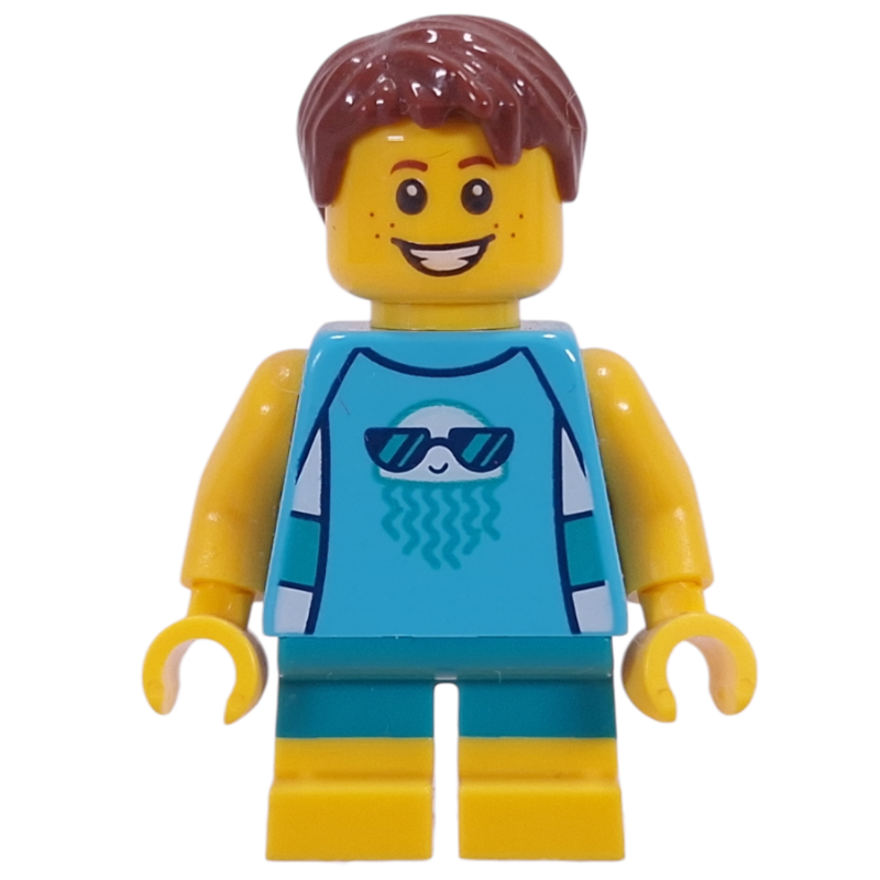 Enfant - torse azur moyen, jambes turquoise foncé et jaunes, cheveux brun rougeâtre (Kid - Medium Azure Torso, Dark Turquoise/Yellow Legs, Reddish Brown Hair)