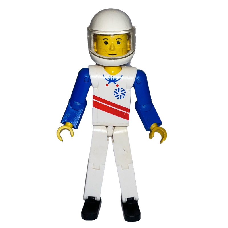 Figurine Technic jambes blanches, motif : haut blanc avec rayures rouges, bras bleus, casque blanc (Technic Figure White Legs, White Top with Red Stripes Print, Blue Arms, White Helmet)