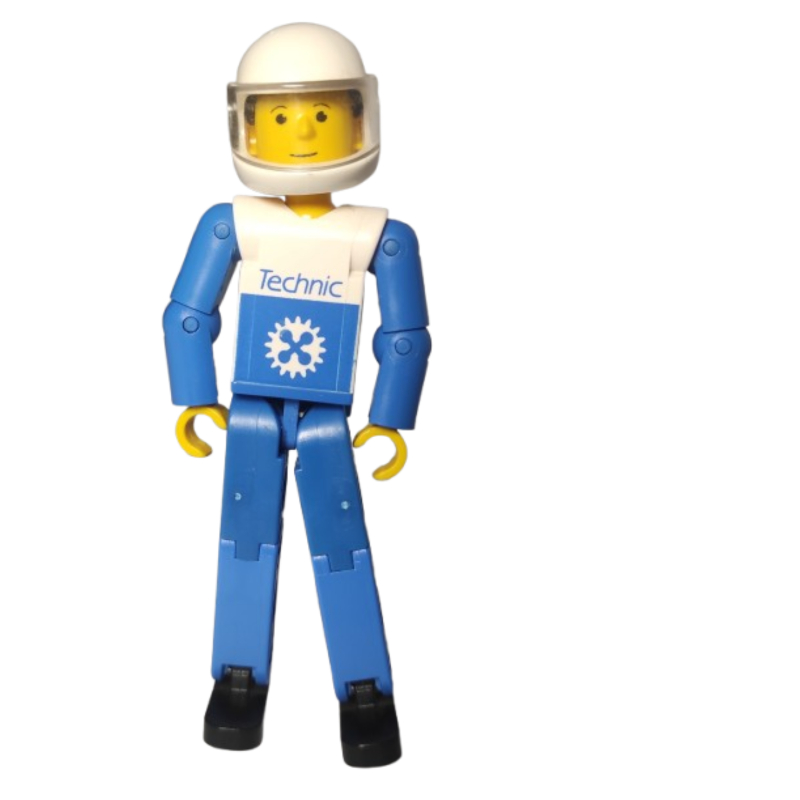 Figurine Technic jambes bleues, haut blanc avec bras bleus, casque blanc (Technic Figure Blue Legs, White Top with Blue Arms, White Helmet)