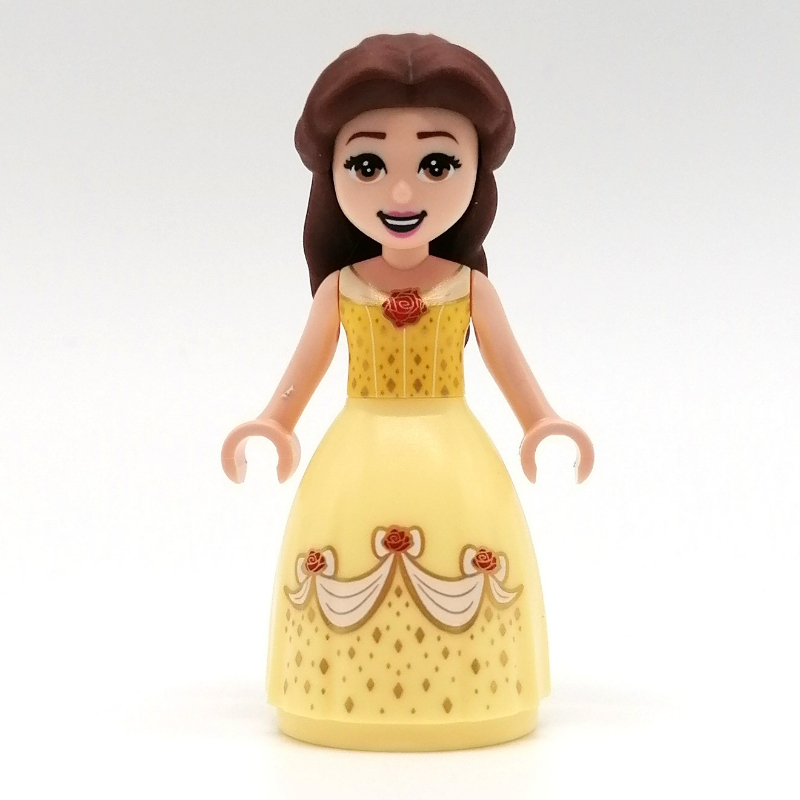 Belle, orange clair vif et robe complète jaune clair vif avec des roses, bouche ouverte (Belle, Bright Light Orange and Bright Light Yellow Full Dress with Roses, Open Mouth)