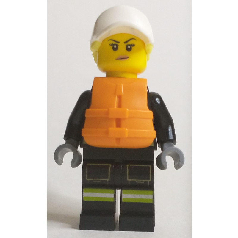 Pompière, tenue de pompier noire, orange lifevest, casquette blanche (Firewoman, Black Fire Suit, Orange Lifevest, White Cap)