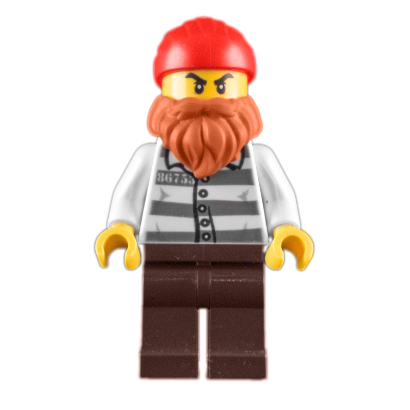 Bandit, chemise de prison avec #86753, barbe, enveloppement de tête rouge (Criminal, Prison Shirt with #86753, Beard, Red Head Wrap)