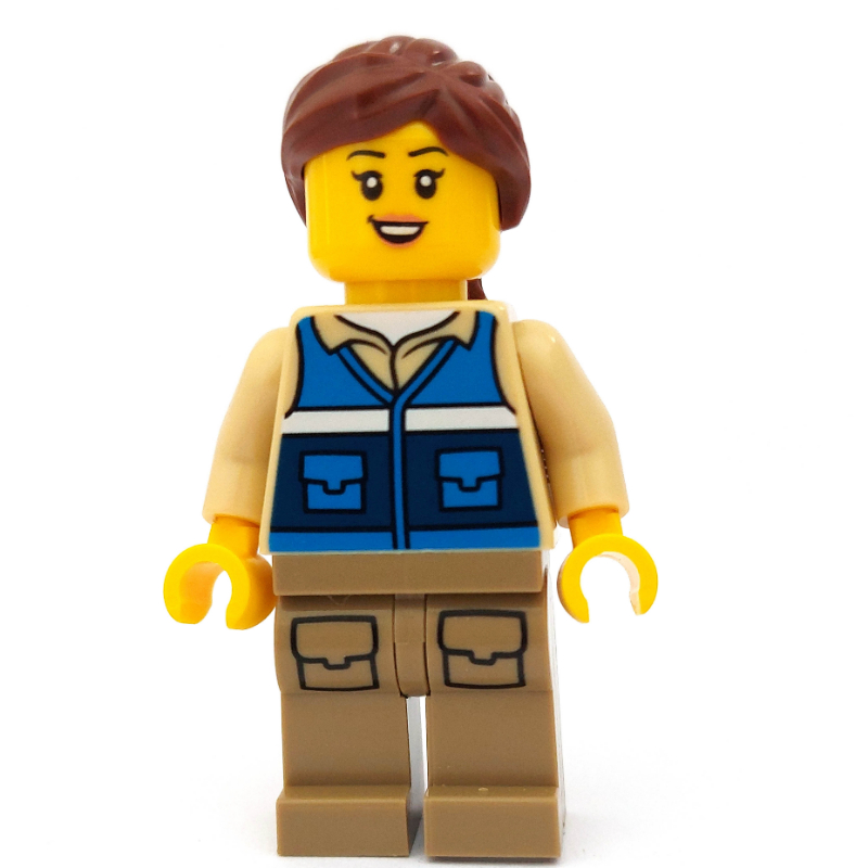Femme, gilet bleu, cheveux queue de cheval brun rougeâtre (Woman, Blue Vest, Reddish Brown Ponytail Hair)