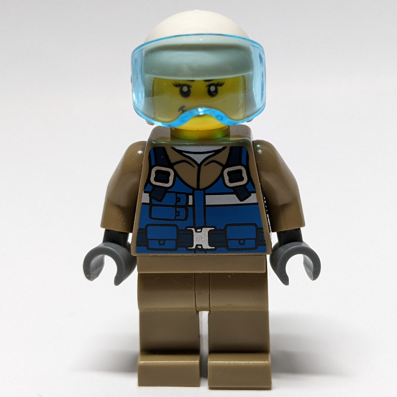 Femme, pilote, gilet bleu, casque blanc (Woman, Pilot, Blue Vest, White Helmet)