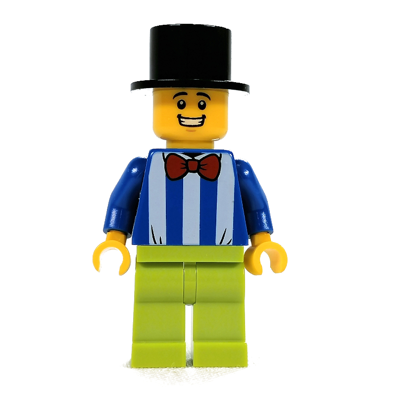 Torse bleu avec rayures blanches, jambes vert citron, chapeau haut de forme noir (Blue Torso with White Stripes, Lime Legs, Black Top Hat)