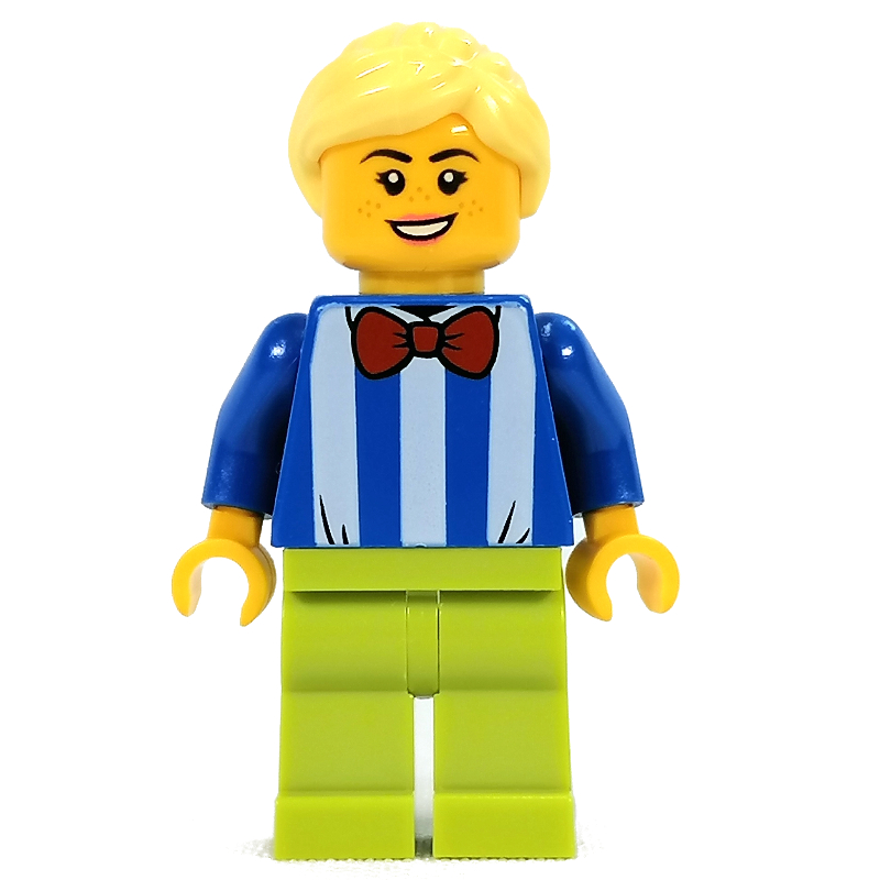 Torse bleu avec rayures blanches, jambes vert citron, cheveux jaune clair vif (Blue Torso with White Stripes, Lime Legs, Bright Light Yellow Hair)