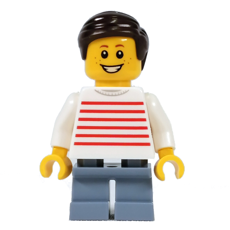 Enfant - torse blanc, jambes bleu sable. cheveux brun foncé (Kid - White Torso, Sand Blue Legs. Dark Brown Hair)