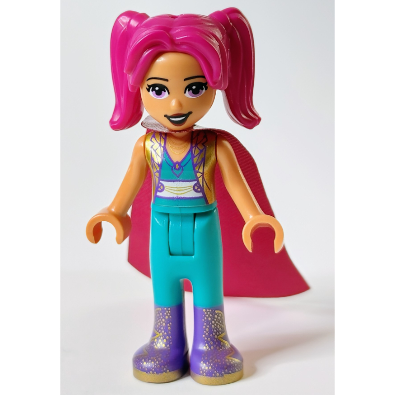 Camila - veste dorée, pantalon turquoise foncé, cheveux magenta, cape (Camila - Gold Jacket, Dark Turquoise Pants, Magenta Hair, Cape)