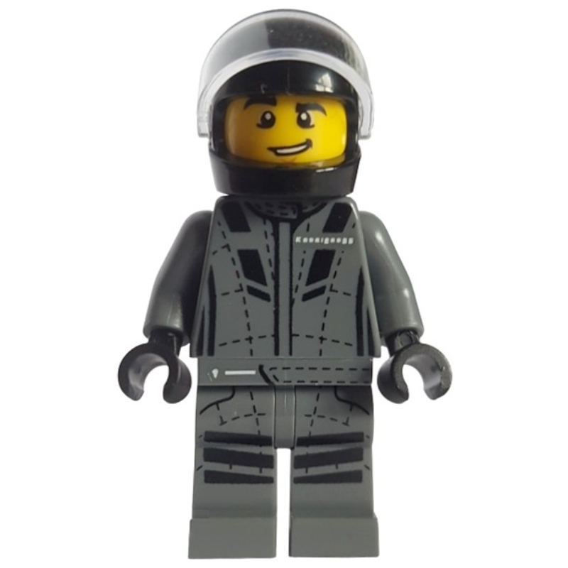 Pilote de course — torse gris bleuté foncé / jambes, casque noir (Race Driver - Dark Bluish Grey Torso/Legs, Black Helmet)