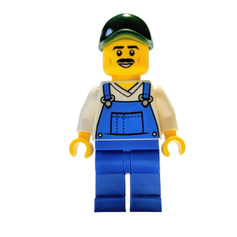 Salopette bleue, torse blanc, casquette vert foncé (Blue Overall, White Torso, Dark Green Cap)