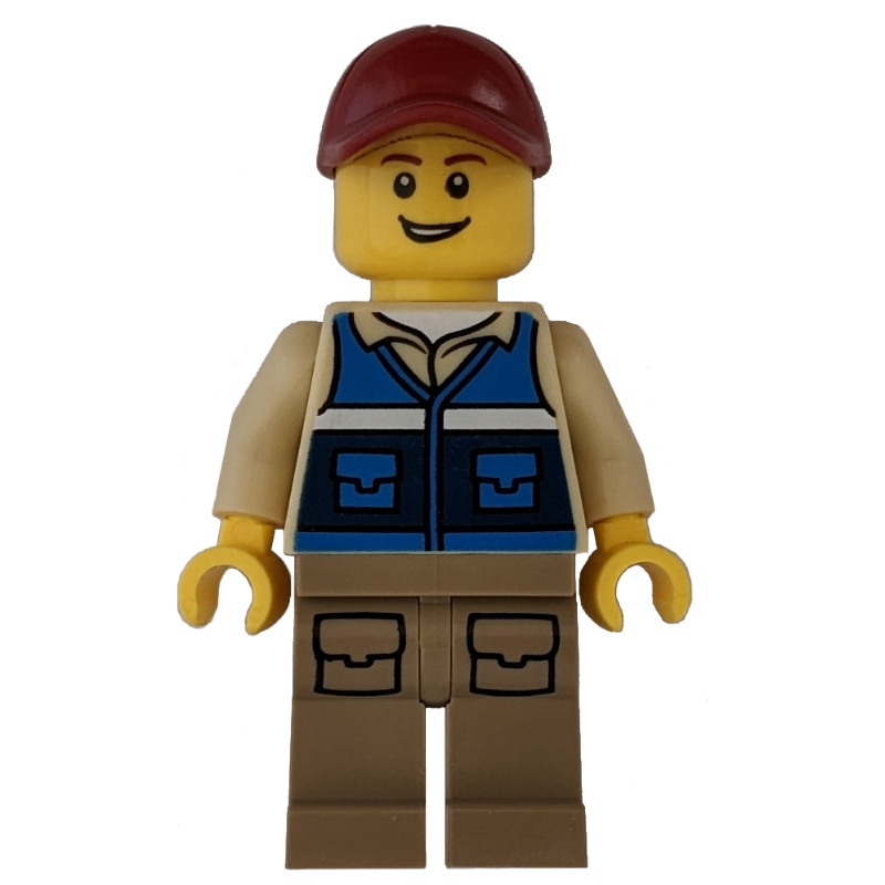 Homme, gilet bleu, jambes beige foncé, casquette rouge foncé (Man, Blue Vest, Dark Tan Legs, Dark Red Cap)