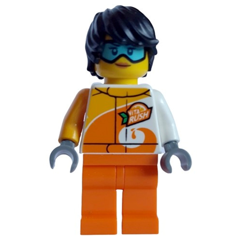 Torse blanc et orange, jambes orange, cheveux noirs, lunettes (White/Orange Torso, Orange Legs, Black Hair, Goggles)