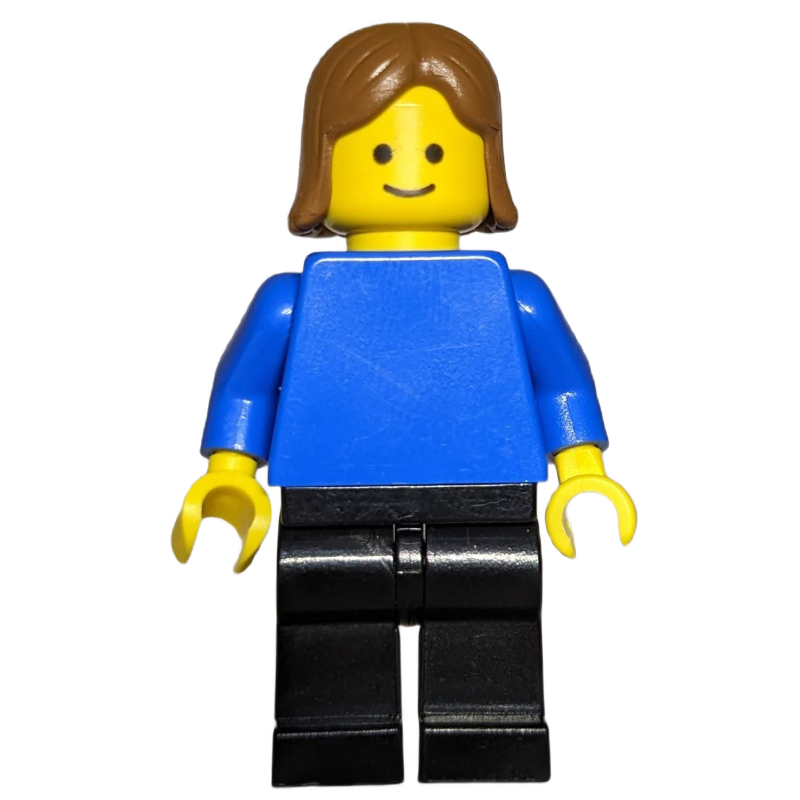 Femme, torse bleu, jambes noires, cheveux brun moyen (Woman, Blue Torso, Black Legs, Medium Brown Hair)