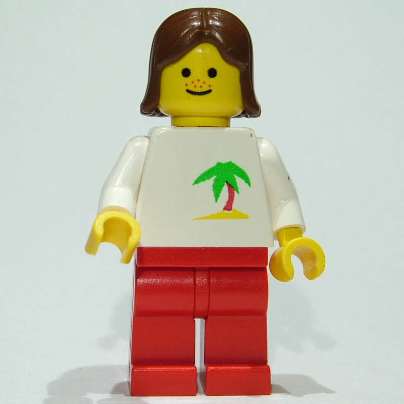 Femme, torse blanc avec palmier, jambes rouges, cheveux bruns (Woman, White Torso with Palm Tree, Red Legs, Brown Hair)