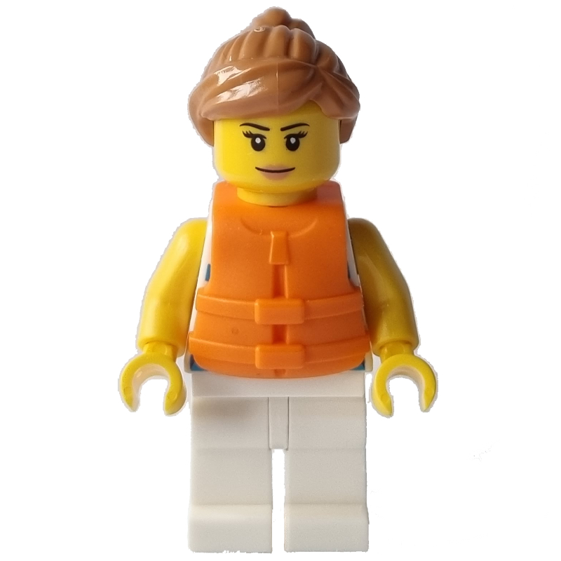 Femme, chemise à rayures bleues, jambes blanches, gilet de sauvetage orange (Woman, Blue Striped Shirt, White Legs, Orange Life Vest)