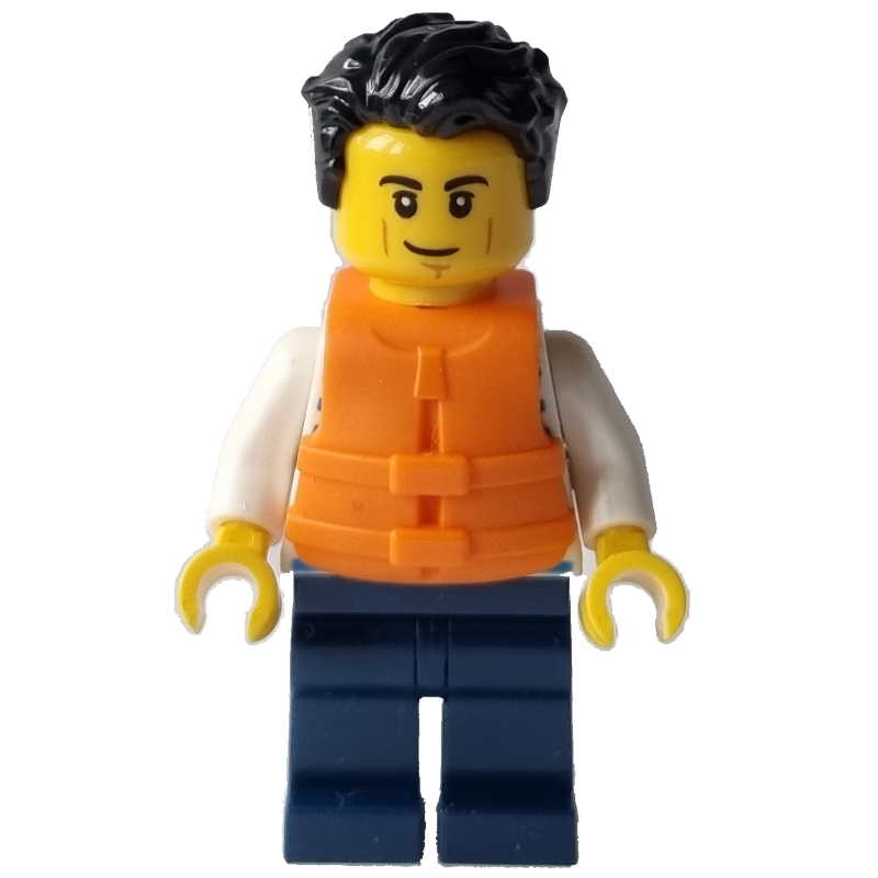 Homme, marin, chemise rayée bleu foncé, jambes bleu foncé, gilet de sauvetage orange (Man, Sailor, Dark Blue Striped Shirt, Dark Blue Legs, Orange Life Vest)