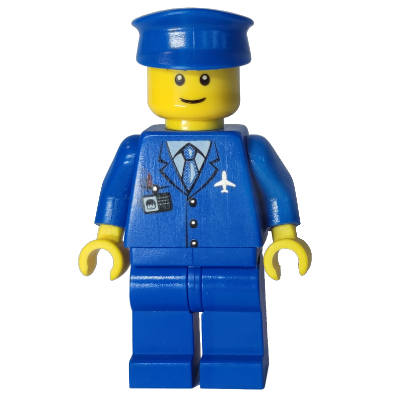 Pilote, veste bleue avec logo avion et cravate bleue, jambes bleues, chapeau bleu, sourire, sourcils noirs (Pilot, Blue Jacket with Plane Logo and Blue Tie, Blue Legs, Blue Hat, Smile, Black Eyebrows)