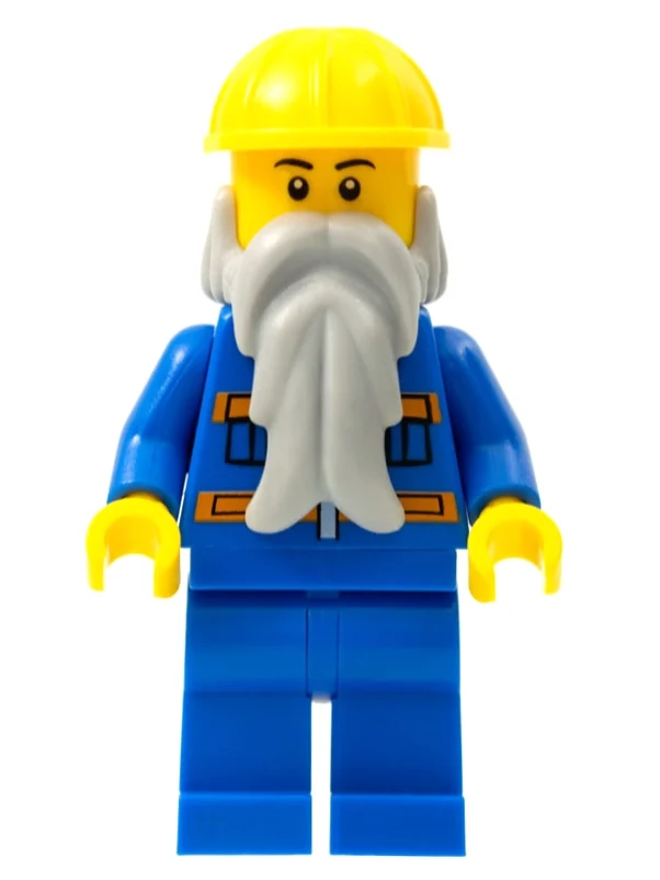 Homme, veste bleue avec rayures orange, jambes bleues, casque de chantier jaune, barbe gris bleuté clair, sourcils noirs (Man, Blue Jacket with Orange Stripes, Blue Legs, Yellow Hard Hat, Light Bluish Gray Beard, Black Eyebrows)