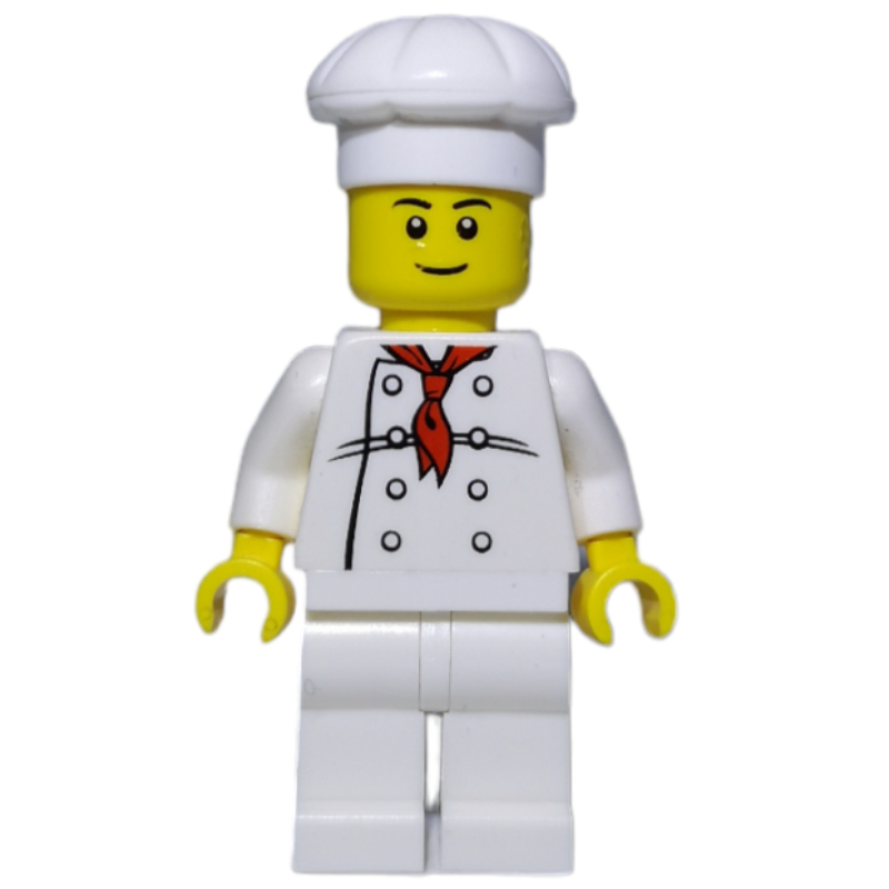 Cuisinier, foulard rouge, jambes blanches, sourire, sourcils noirs (Chef, Red Neckerchief, White Legs, Smile, Black Eyebrows)
