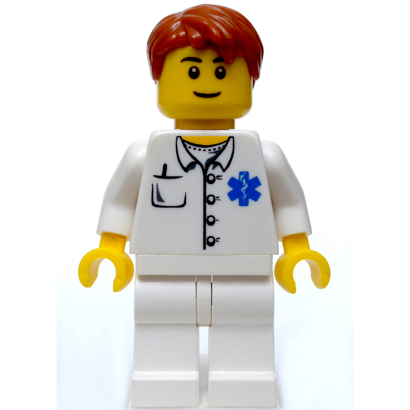 Médecin, chemise blanche avec logo étoile de la vie, cheveux orange foncé, sourcils noirs (Doctor, White Shirt with Star of Life Logo, Dark Orange Hair, Black Eyebrows)