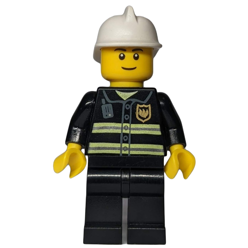 Pompier, veste de feu noir avec radio et badge, casque blanc, sourcils noirs (Fireman, Black Fire Jacket with Radio and Badge, White Helmet, Black Eyebrows)