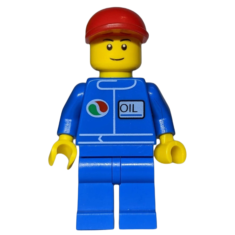 Mécanicien, combinaison bleue avec logo Octan, casquette rouge, sourire, sourcils noirs (Mechanic, Blue Jumpsuit with Octan Logo, Red Cap, Smile, Black Eyebrows)