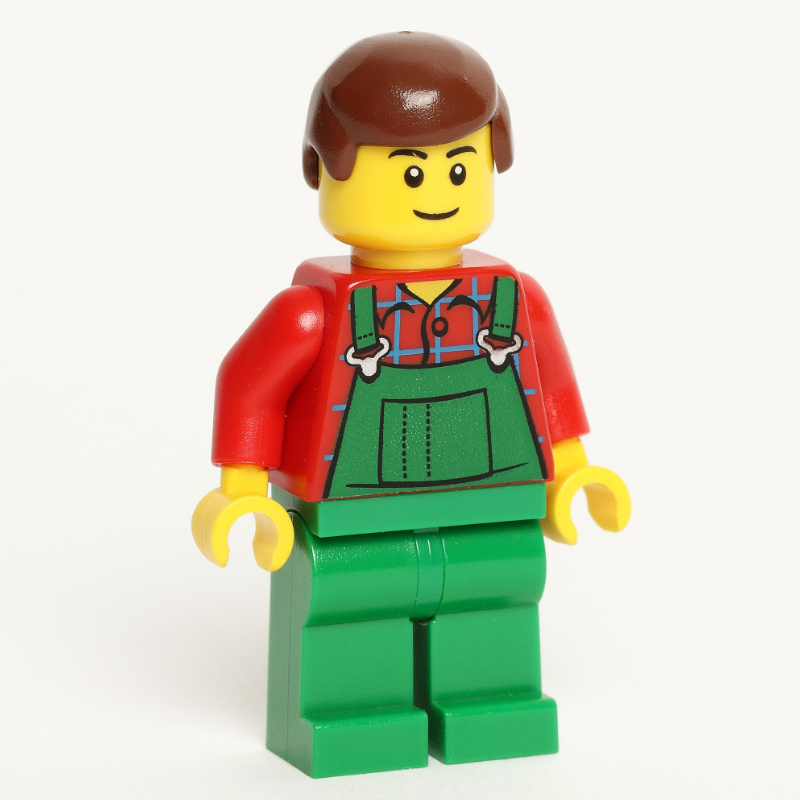 Homme, salopette verte sur chemise rouge, cheveux brun rougeâtre, sourcils noirs (Man, Green Overalls over Red Shirt, Reddish Brown Hair, Black Eyebrows)