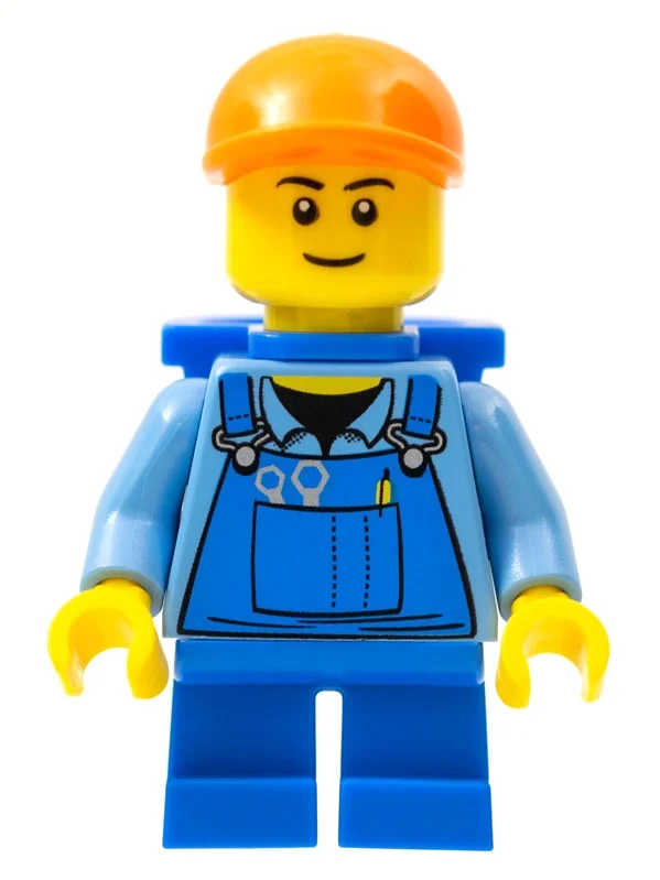 Garçon, salopette bleue, courtes jambes bleues, casquette orange, sourcils noirs (Boy, Blue Overalls, Short Blue Legs, Orange Cap, Black Eyebrows)