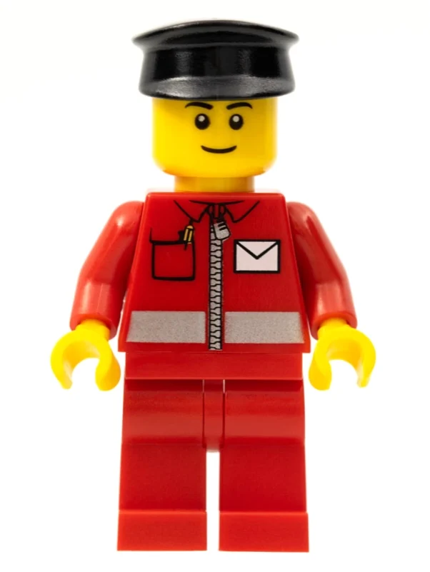 Postier, veste rouge avec fermeture à glissière et logo lettre, jambes rouges, casquette noire, sourcils noirs (Postal Worker, Red Jacket with Zipper and Letter Logo, Red Legs, Black Cap, Black Eyebrows)