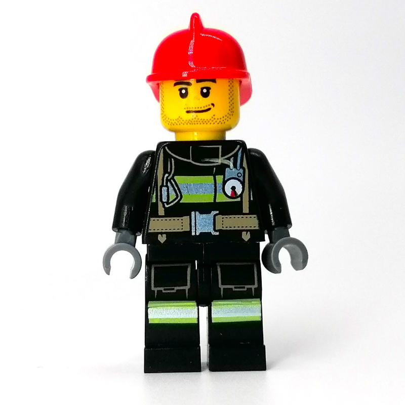 Pompier, torse noir, jambes noires, casque rouge (Firefighter, Black Torso, Black Legs, Red Helmet)