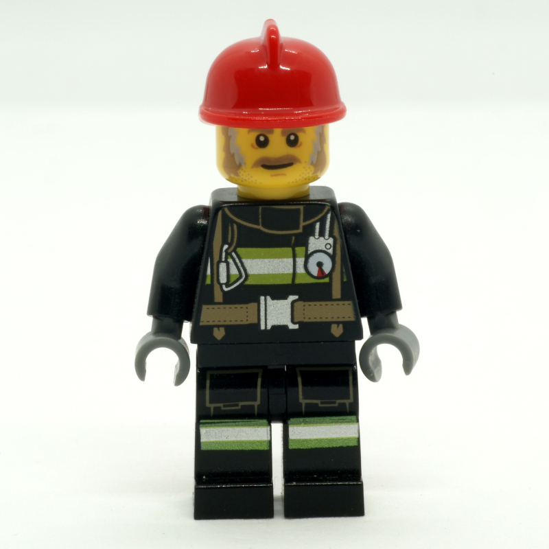Pompier - torse noir, jambes noires, casque rouge, barbe beige foncé (Fire Fighter - Black Torso, Black Legs, Red Helmet, Dark Tan Beard)