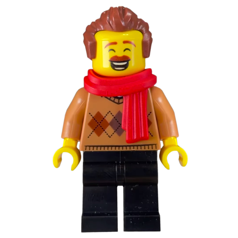 Homme, pull nougat moyen, écharpe rouge (Man, Medium Nougat Sweater, Red Scarf)