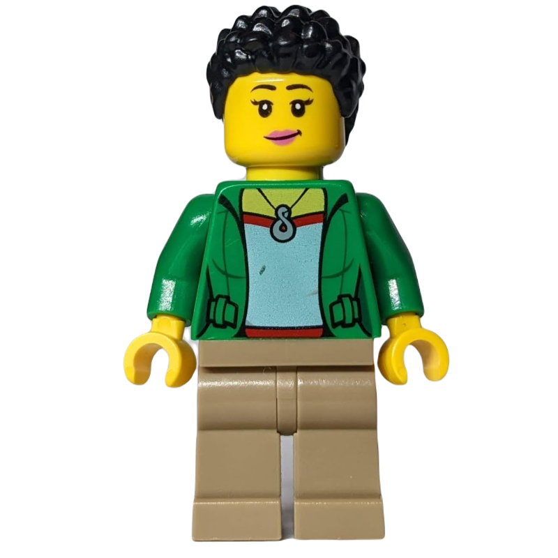 Femme, veste verte ouverte, jambes beige foncé, cheveux noirs (Woman, Open Green Jacket, Dark Tan Legs, Black Hair)