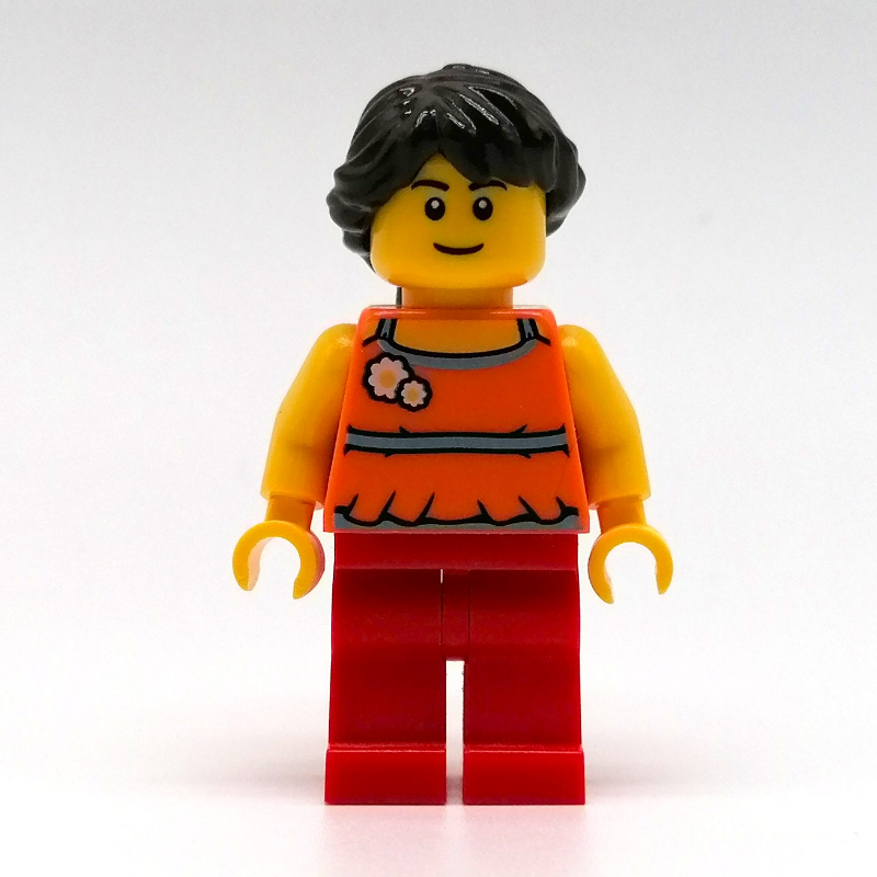 Torse orange, jambes rouges, cheveux brun foncé (Orange Torso, Red Legs, Dark Brown Hair)