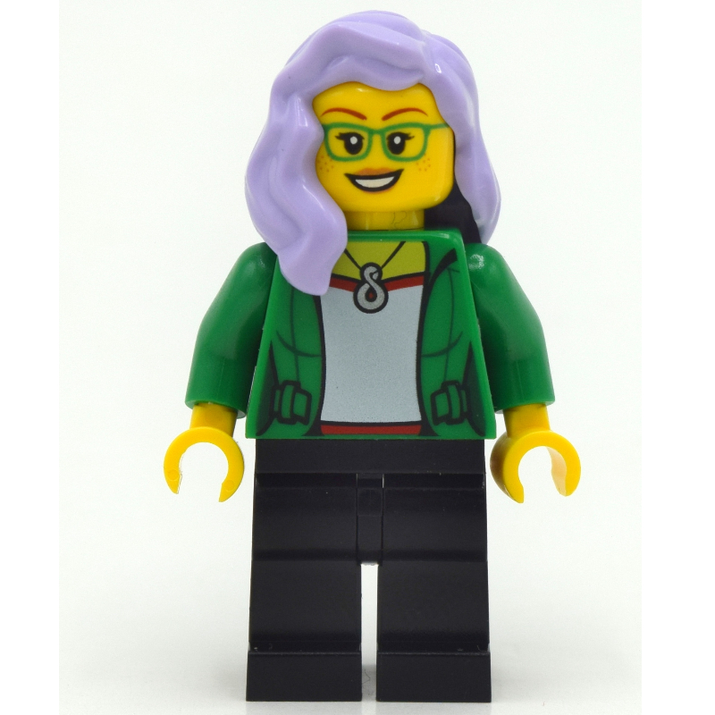 Femme, veste verte ouverte, jambes noires, cheveux lavande (Woman, Open Green Jacket, Black Legs, Lavender Hair)