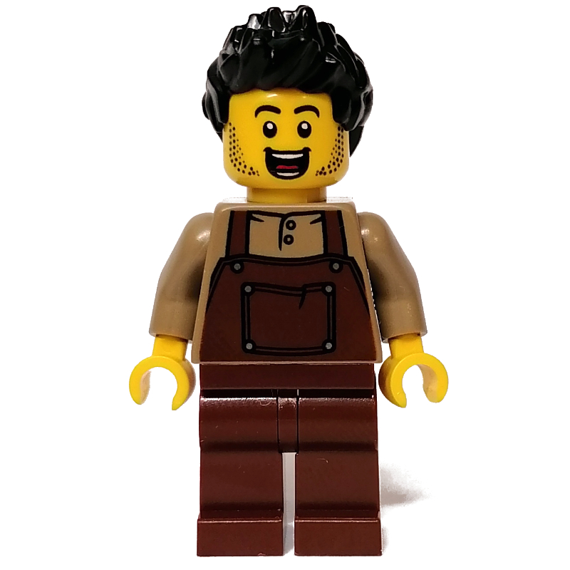 Torse beige foncé, tablier brun rougeâtre, cheveux noirs (Dark Tan Torso, Reddish Brown Apron, Black Hair)