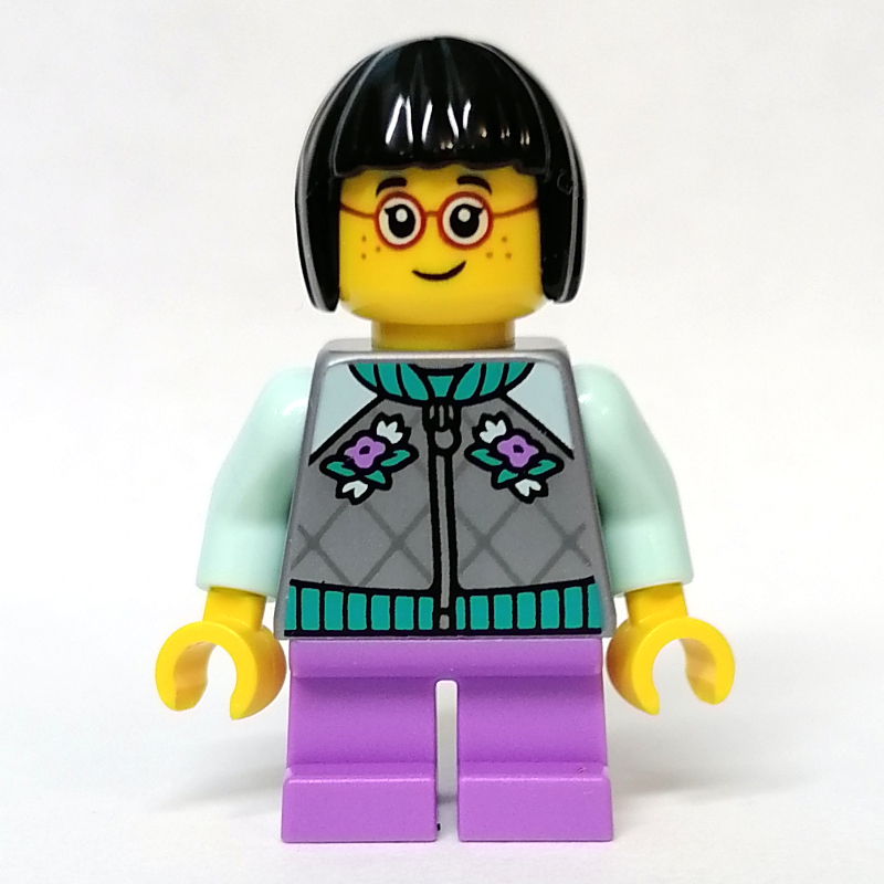 Kid - torse plat argenté, jambes moyennes lavande, cheveux noirs (Kid - Flat Silver Torso, Medium Lavender Legs, Black Hair)